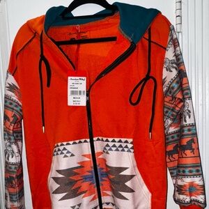 Montana West American Bling Orange Aztec Pattern Zip-up Hoodie Women’s Medium